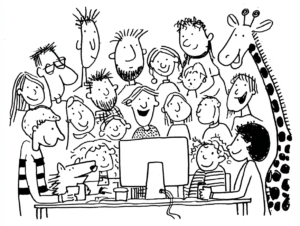 Uebungsgruppe Nicole und Klaudia Illustration einer bunt gemischten Übungsgruppe – gezeichnete Menschen stehen fröhlich beisammen